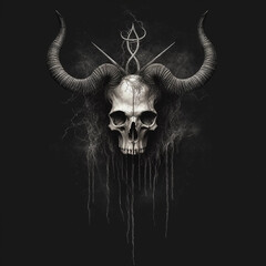A Dark Horned Demonic Human Skull Emblem