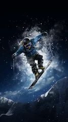 Poster Jumping through air with deep blue sky in background. Winter sport background. Copy Space. © Uros