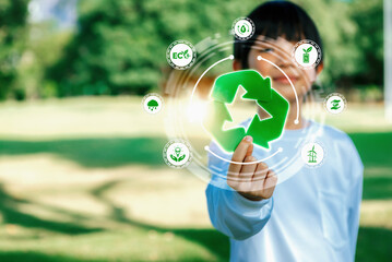 Green recycle symbol for environmental sustainability and natural protection awareness campaign...