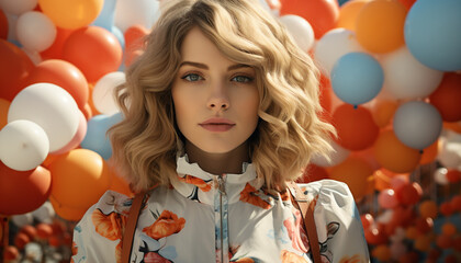 Fototapeta na wymiar A beautiful young woman with blond hair smiles outdoors with balloons generated by AI