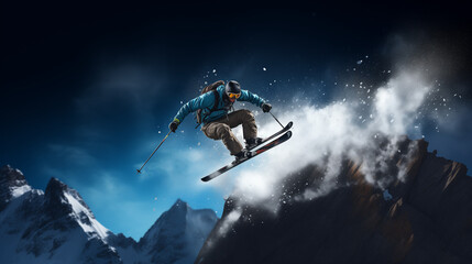 Jumping through air with deep blue sky in background. Winter sport background. Copy Space.