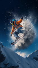 Jumping through air with deep blue sky in background. Winter sport background. Copy Space.