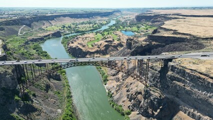 Drone shot of the Perrine bridge over the  Snake river in the Pacific Northwest region, USA