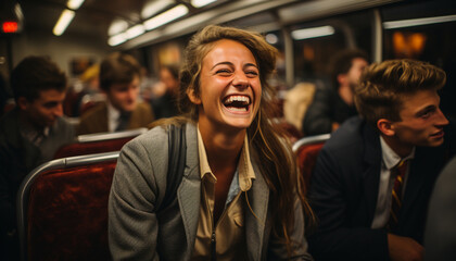 A group of young adults smiling on a crowded subway generated by AI