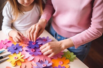 A close-up of a child's hands creating a personalized playlist for mom, adding a musical touch to the celebration, creativity with copy space