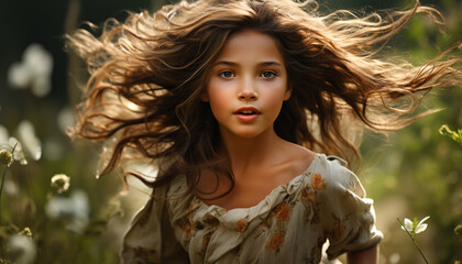 Fototapeta premium Young woman with long brown hair enjoying the outdoors, looking happy generated by AI