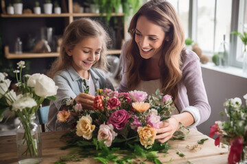 Creative photo of mom and child attending a flower arranging class, showcasing the art of floral design, creativity with copy space