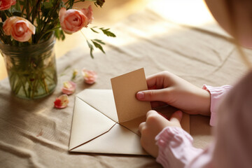 A close-up of a child's hands creating a personalized poem or letter for mom, adding a touch of heartfelt sentiment, creativity with copy space