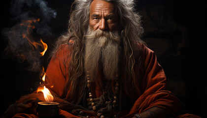 Fototapeta premium A serene sadhu meditating, holding a burning candle, praying to God generated by AI