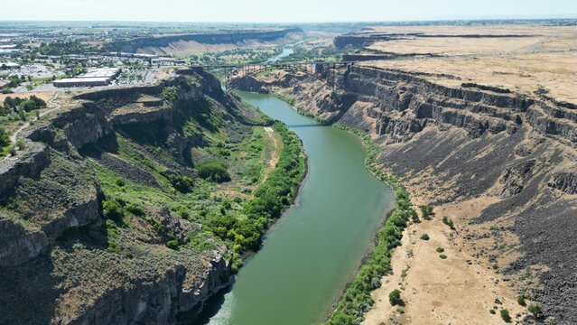 Drone shot of the Snake river in the Pacific Northwest region, USA