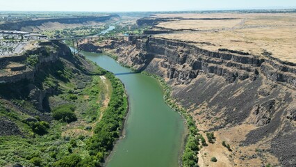 Drone shot of the Snake river in the Pacific Northwest region, USA