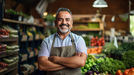 A cheerful middle-aged grocer wearing an apron, standing in front of a vibrant display of fresh produce, including tomatoes and peppers, in a local grocery market.