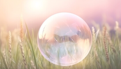 Transparent sphere reflects bright sunset, blowing in wind beauty generated by AI