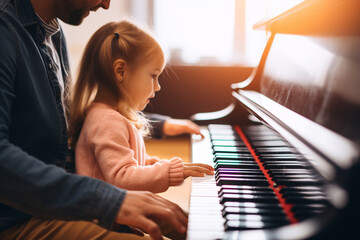 Happy dad teaches his cute daughter to play the piano. Happy Father's Day. Happy Family Moments. - obrazy, fototapety, plakaty