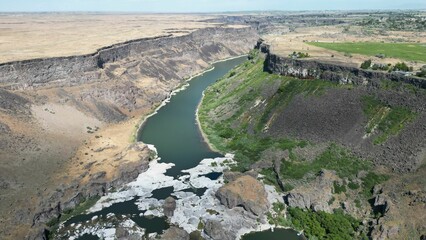 Drone shot of the Shoshone falls in the Snake river in the Pacific Northwest region, USA