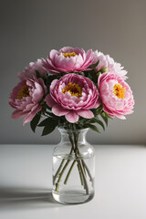 Fototapeta premium Beautiful bunch of fresh Coral Charm peonies in full bloom in vase against cinematic blurry background. Minimalist floral still life with blooming flowers.