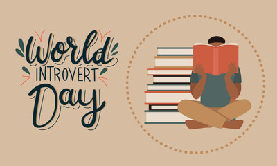 World introvert day banner with lettering. Introvert man reads book. Hand drawn vector illustration. - obrazy, fototapety, plakaty
