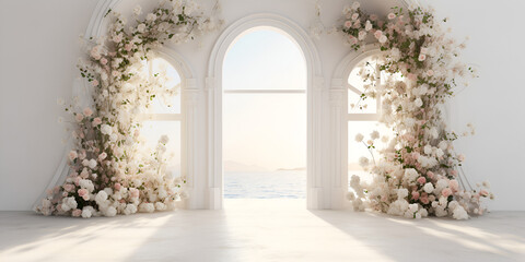 Fototapeta na wymiar Tranquil Window Scene White Curtain & Pink Blossom,, Serene Home Décor Window with Pink Floral Accent Generative Ai