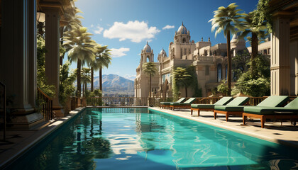 Luxury hotel with infinity pool, palm trees, and cityscape view generated by AI