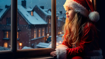 Lovely little girl child in red Santa's costume sits on the windowsill at home makes wishes and...