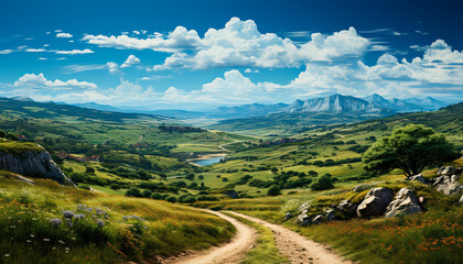 A panoramic journey through the tranquil Asturias landscape, showcasing nature beauty generated by AI