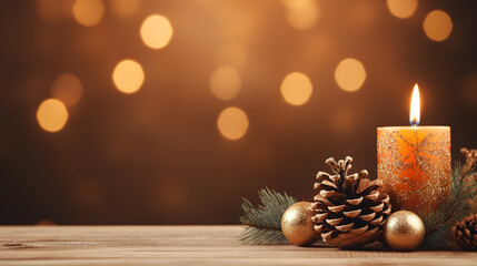 Christmas - Banner Of 1 candle and xmas ornament, Pine-cones And green Spruce Branches minimal orange background and lights in the back, with empty copy space
