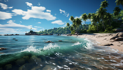 Obraz premium Tropical coastline, blue water, palm tree, tranquil scene generated by AI