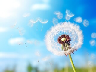 Blowing in Beauty: Closeup of Dandelion Blowball Plant Swaying in Clear Blue Breeze of Wind