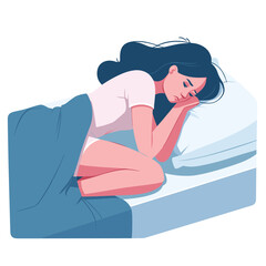 Young woman lying in bed can't sleep because of insomnia vector illustrations on white background