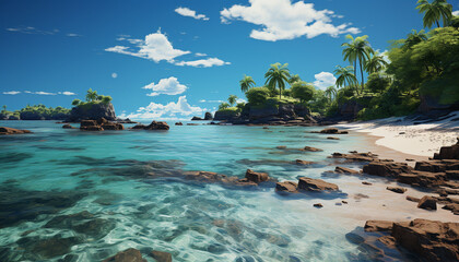 Idyllic tropical coastline, blue water, palm tree generated by AI