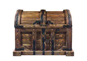 closed old vintage wild- west or pirate treasure chest, isolated