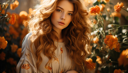 Fototapeta premium Smiling young woman in autumn, beauty in nature, looking cheerful generated by AI