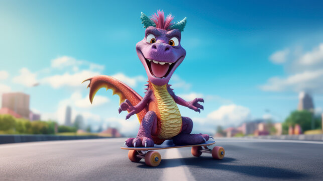 Smiling cute purple lilac 3d dragon on a skateboard on a city street background. Symbol of 2024.