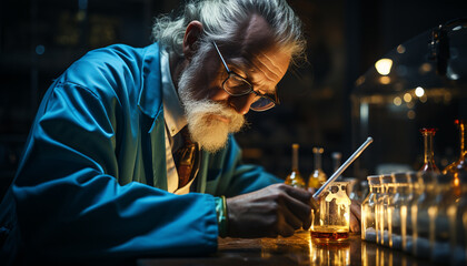 A mature scientist, wearing eyeglasses and a beard, working indoors generated by AI