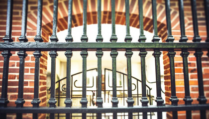 Metallic balcony railing with ornate wrought iron pattern and repetition generated by AI - obrazy, fototapety, plakaty