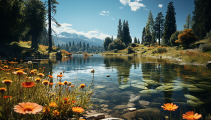 Tranquil scene of mountain peak reflects in pond generated by AI
