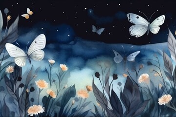 Moonlit sky with butterflies watercolor. Nighttime greeting card template. Generative AI