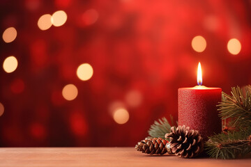 Fototapeta na wymiar Christmas - Banner Of 1 candle and xmas ornament, Pine-cones And green Spruce Branches minimal red background and lights in the back, with empty copy space