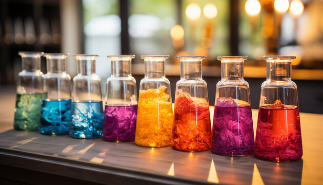 A vibrant collection of colorful liquid in glass bottles indoors generated by AI