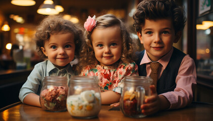 Smiling children enjoying food, playing in kitchen generated by AI