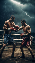 Due pugili combattono in un ring all'aperto durante una tempesta con pioggia a lampi - obrazy, fototapety, plakaty