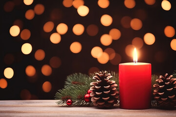Christmas - Banner Of 1 candle and xmas ornament, Pine-cones And green Spruce Branches minimal red background and lights in the back, with empty copy space