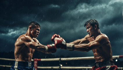 Due pugili combattono in un ring all'aperto durante una tempesta con pioggia a lampi - obrazy, fototapety, plakaty