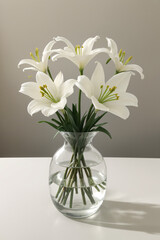 White Lily flower bouquet in vase isolated on bright background