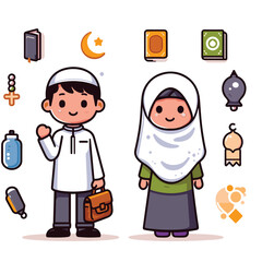 Muslim boy and girl character illustration with islamic attributes