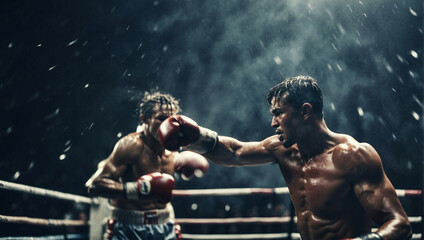 Fototapeta na wymiar Due pugili combattono in un ring all'aperto durante una tempesta con pioggia a lampi
