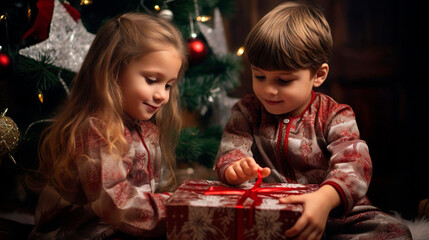 Fototapeta na wymiar Winter Christmas magic time. Children little brother and sister girl and boy kids are going to open a gift box with red ribbon. Miracle and magical Christmas night. Christmas tree background. Family