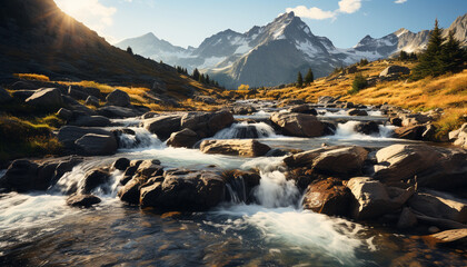 Majestic mountain peak, tranquil scene, flowing water generated by AI