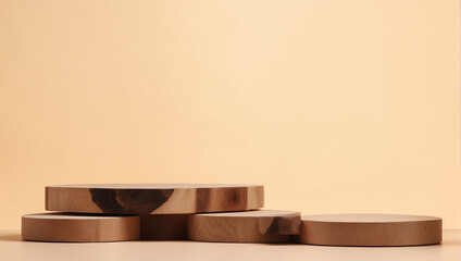 Wood pieces podium for products display. Backdrop with copy space.