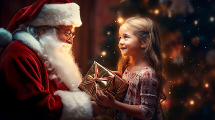 Winter Christmas magic time. Smiling little girl and Santa Claus with a gift near Christmas tree...